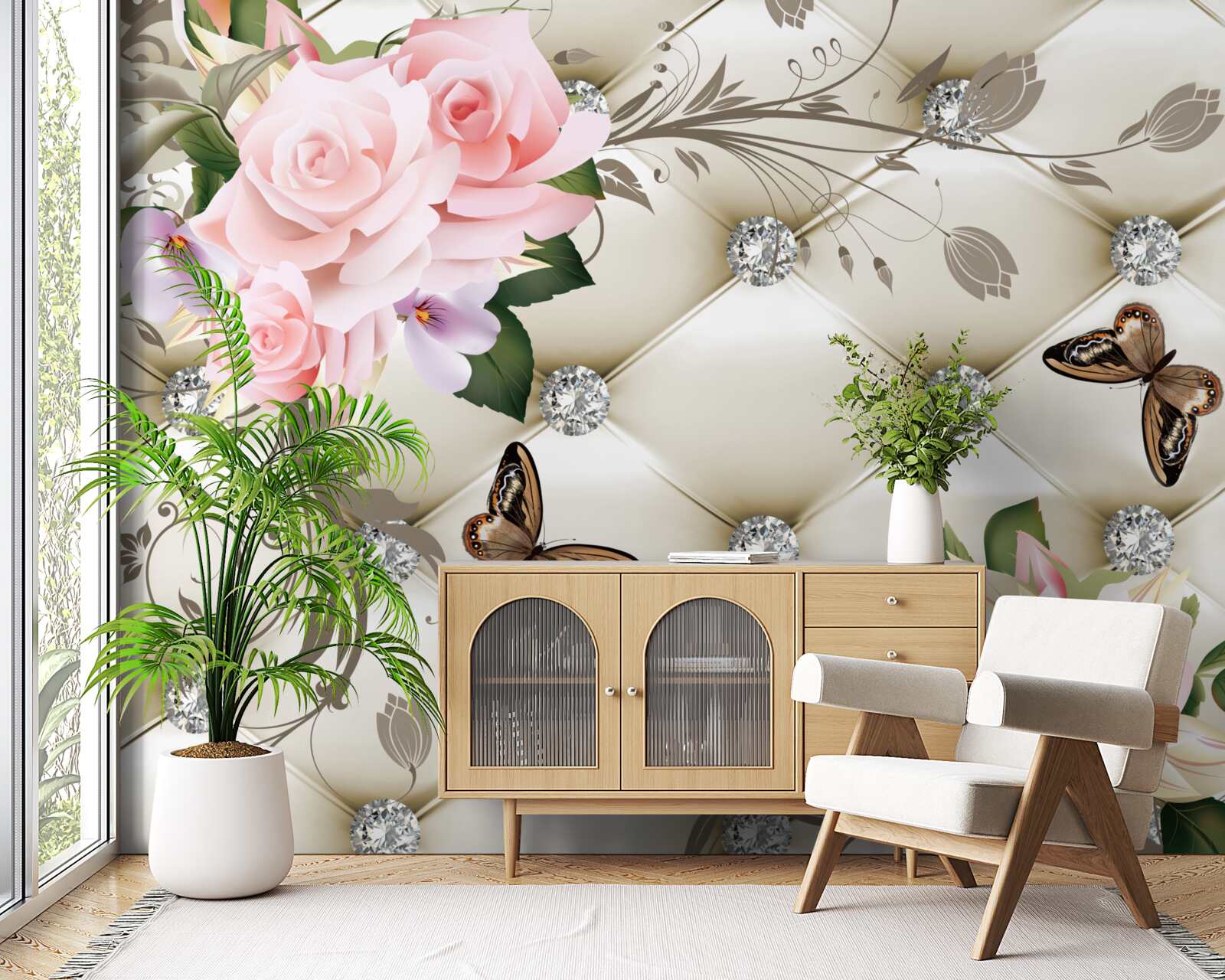 Fototapeta kvetinová textúra na bielej látke zdobená perlami