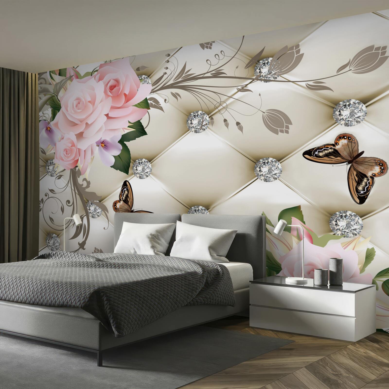 Fototapeta kvetinová textúra na bielej látke zdobená perlami