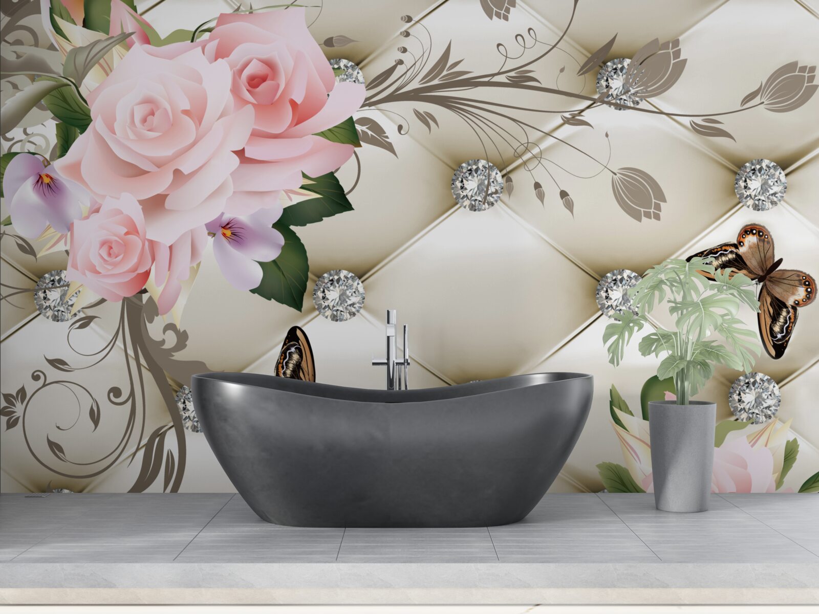 Fototapeta kvetinová textúra na bielej látke zdobená perlami