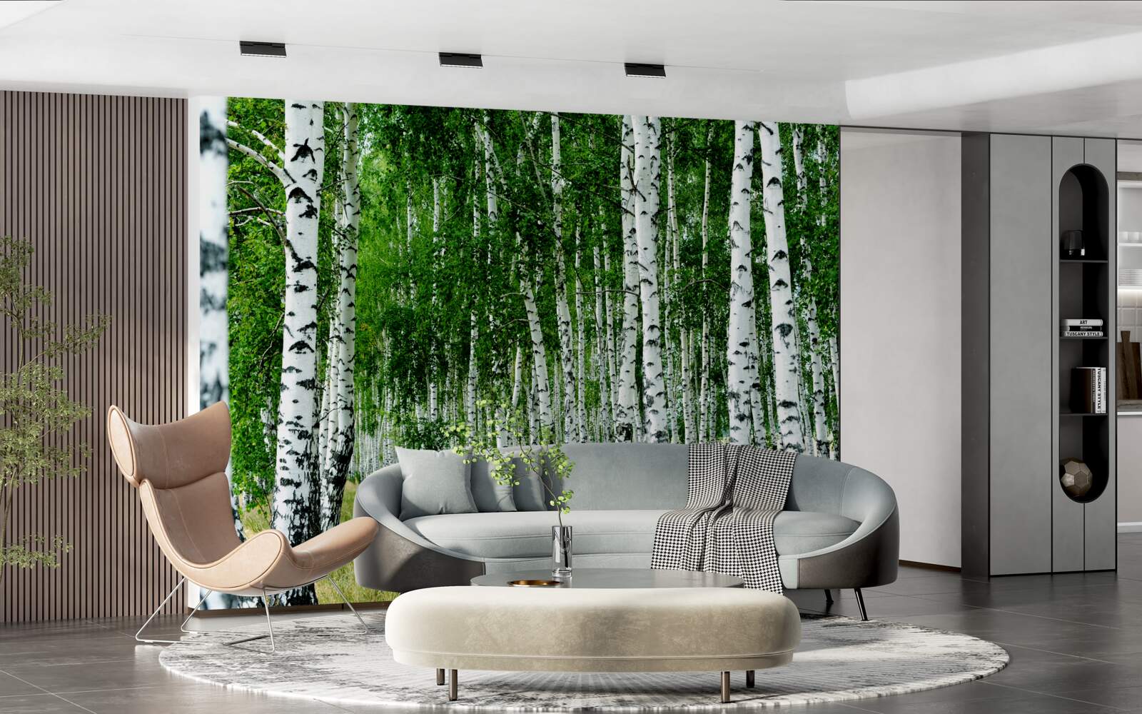 Fototapeta zelené brezy s pôvabnými kmeňmi na otvorenom poli