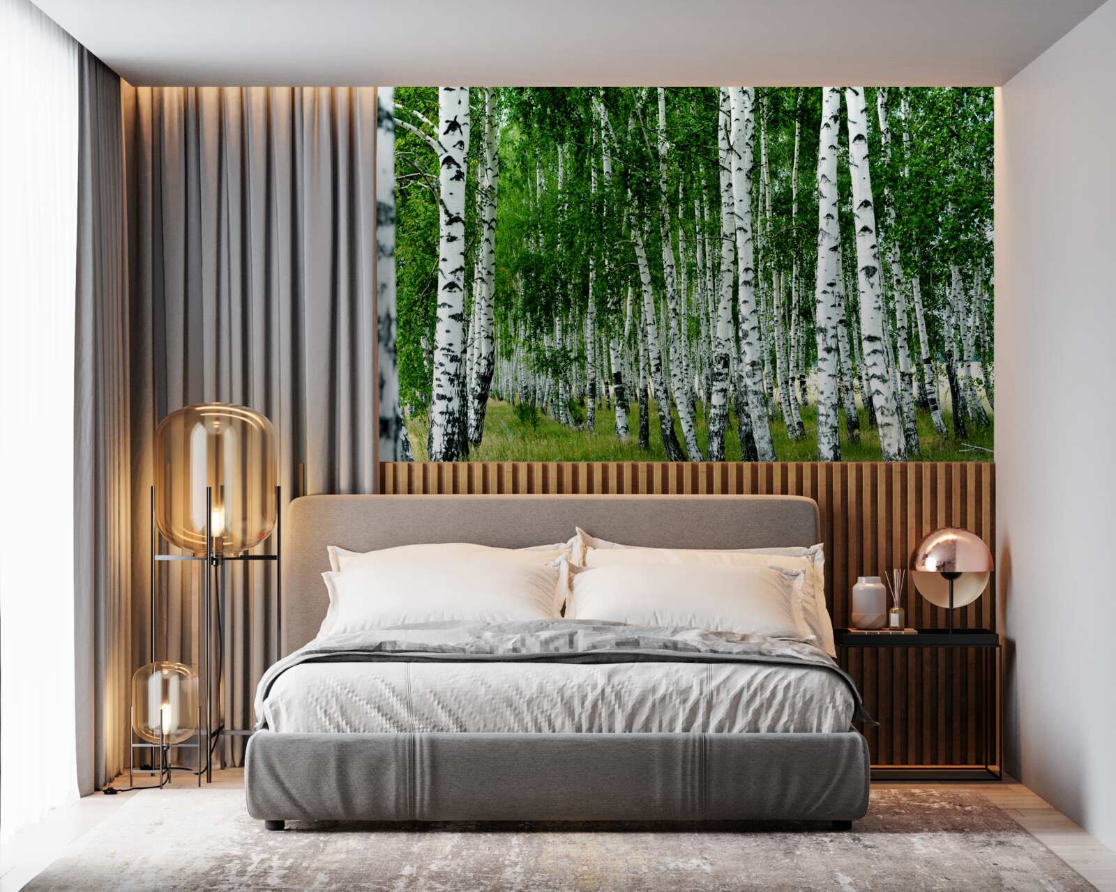 Fototapeta zelené brezy s pôvabnými kmeňmi na otvorenom poli