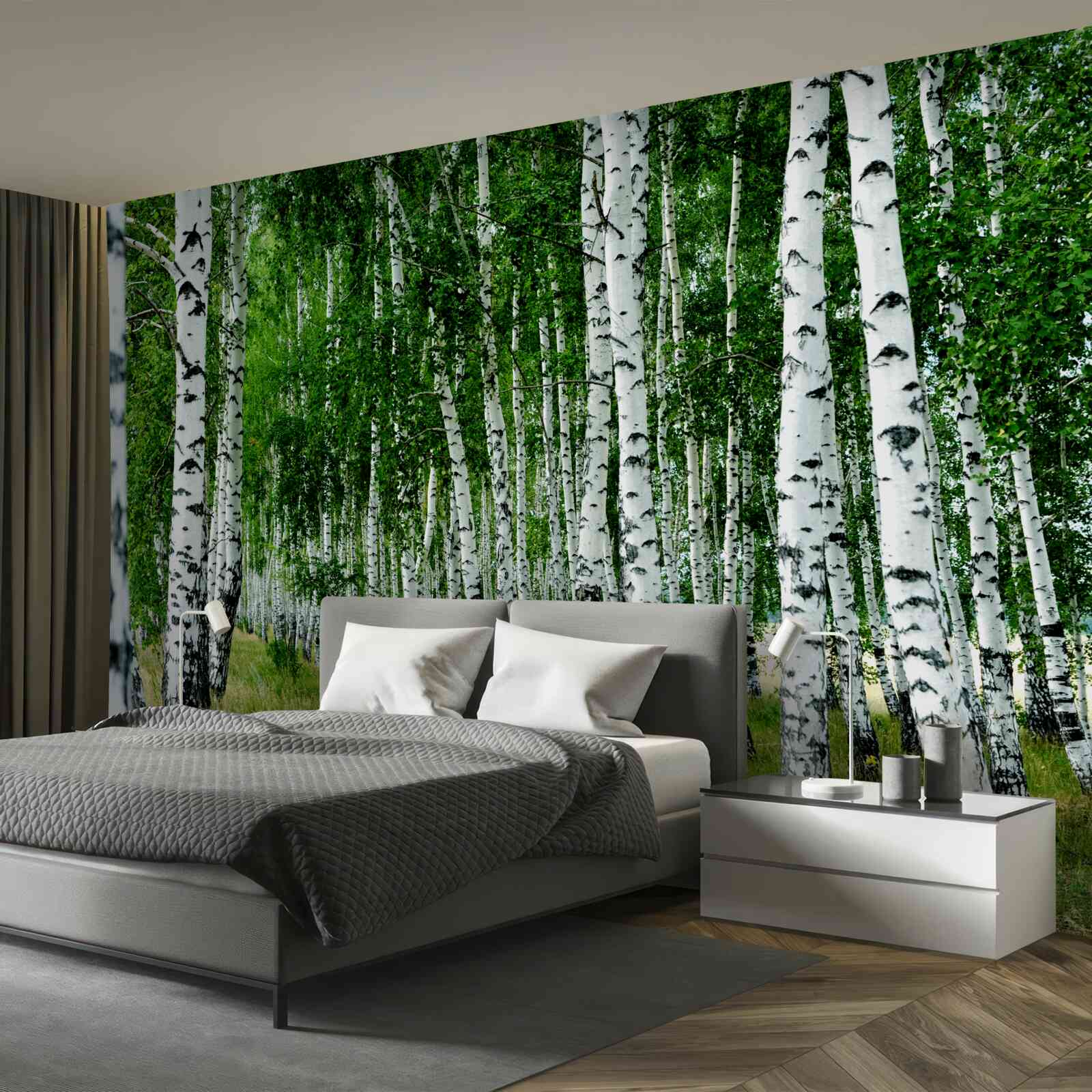 Fototapeta zelené brezy s pôvabnými kmeňmi na otvorenom poli