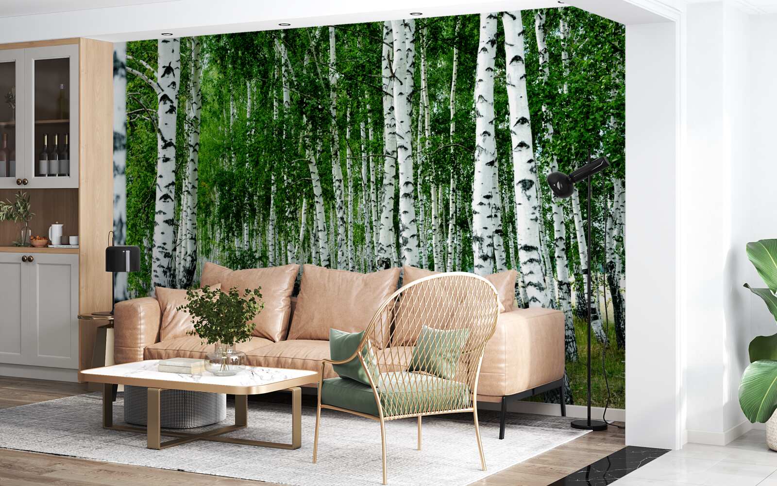 Fototapeta zelené brezy s pôvabnými kmeňmi na otvorenom poli