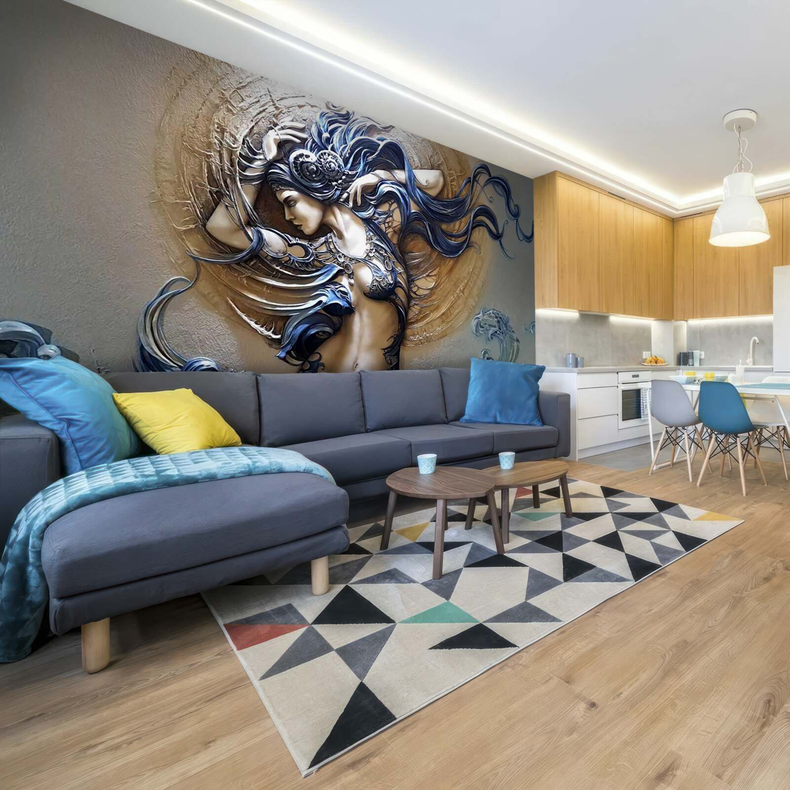 Fototapeta obrázok dievčaťa v pestrých farbách so slnkom v pozadí