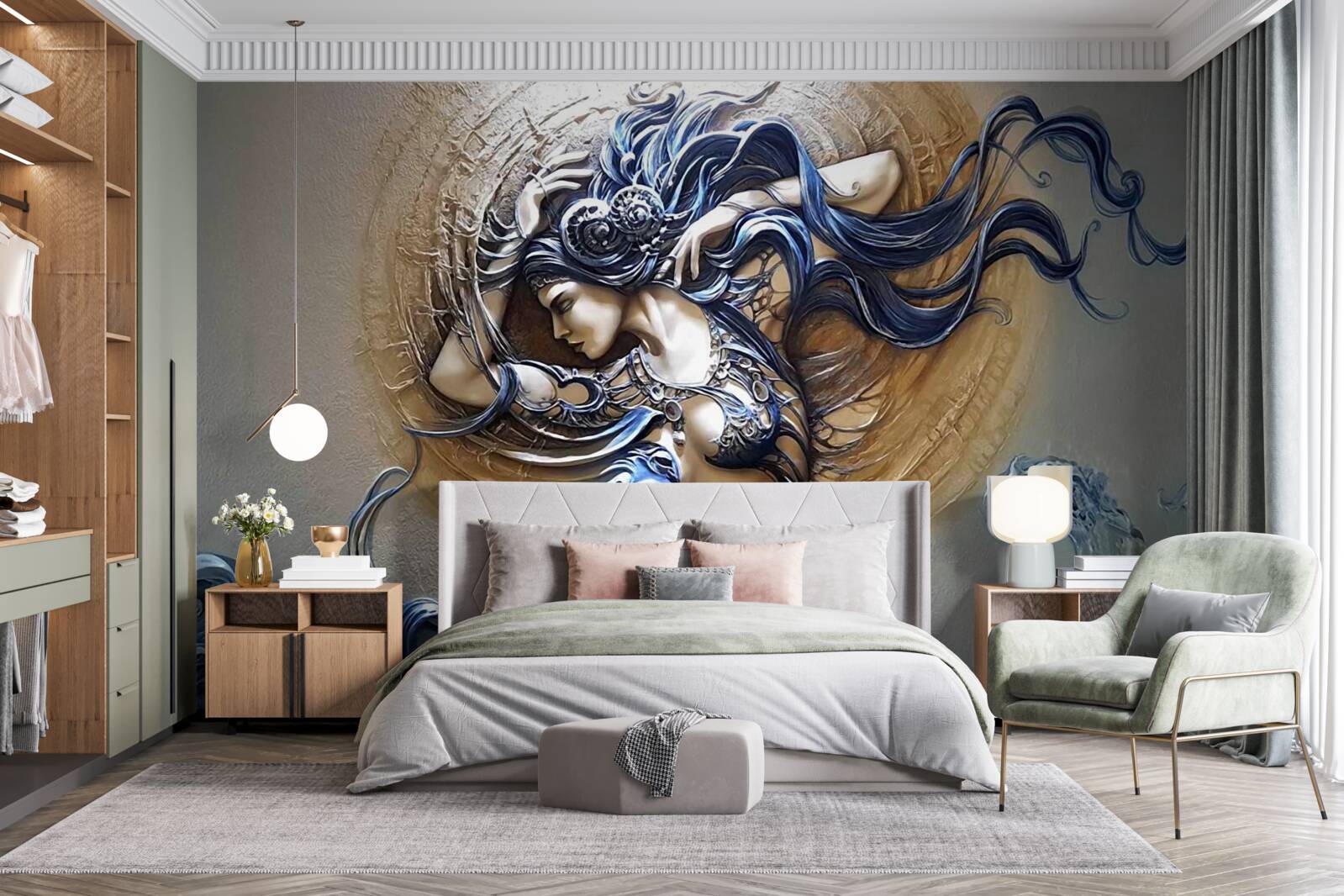 Fototapeta obrázok dievčaťa v pestrých farbách so slnkom v pozadí