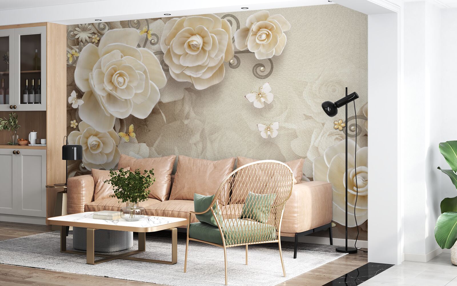 Fototapeta kvety s perlami na svetlom povrchu