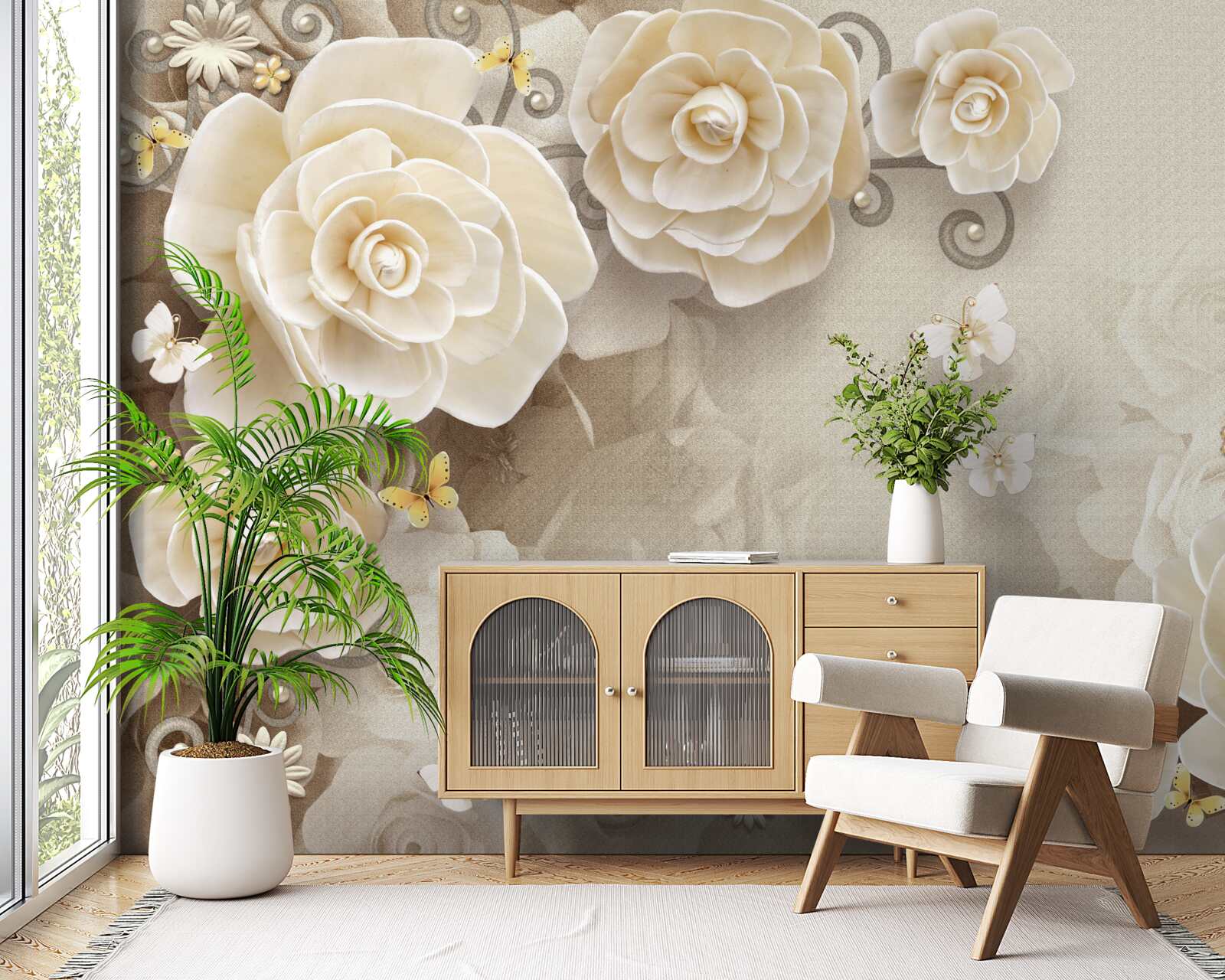 Fototapeta kvety s perlami na svetlom povrchu