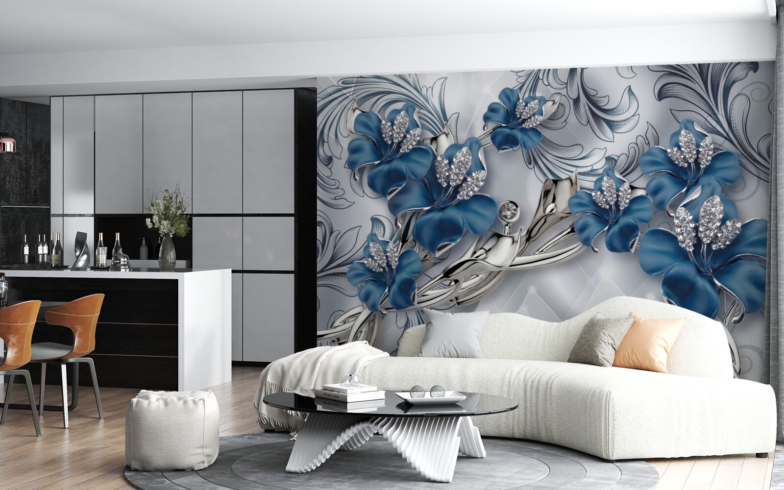 Fototapeta strieborno-modré kvety