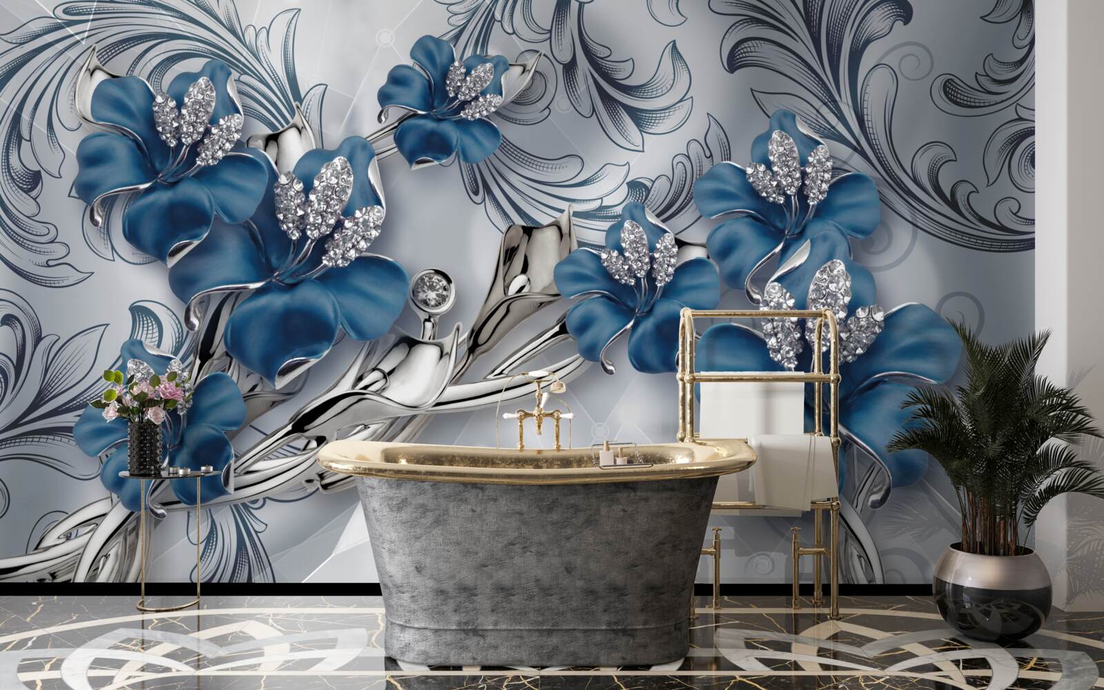 Fototapeta strieborno-modré kvety