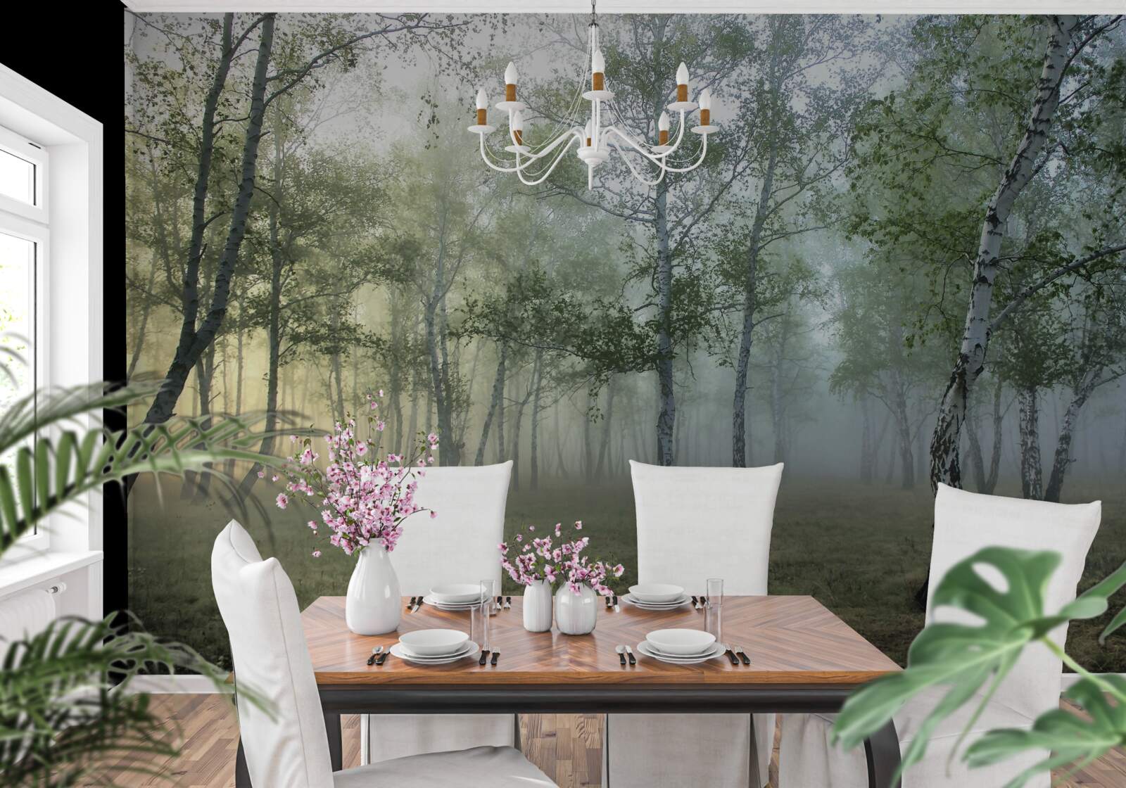 Fototapeta vysoké brezy zahalené rannou hmlou