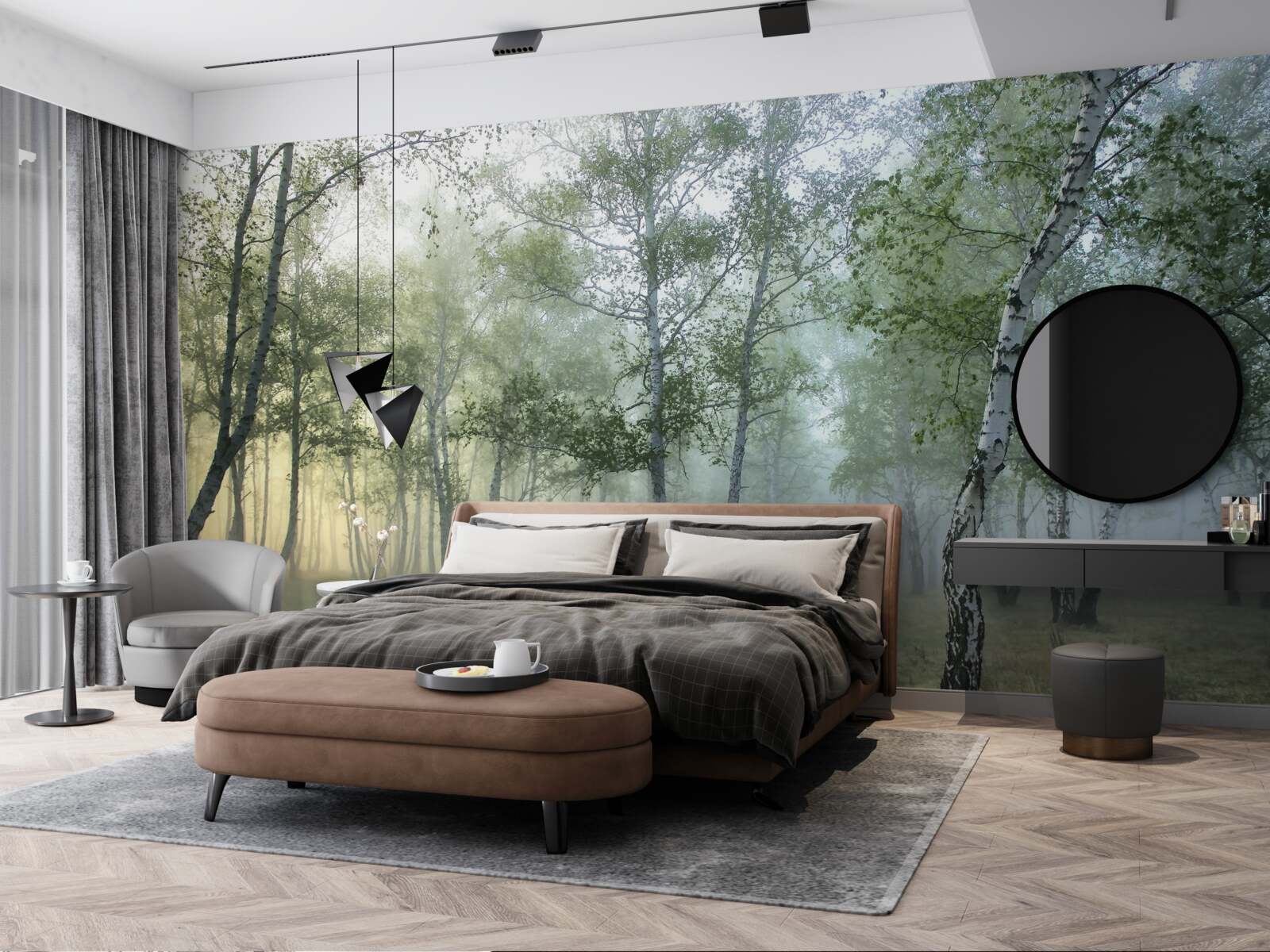 Fototapeta vysoké brezy zahalené rannou hmlou