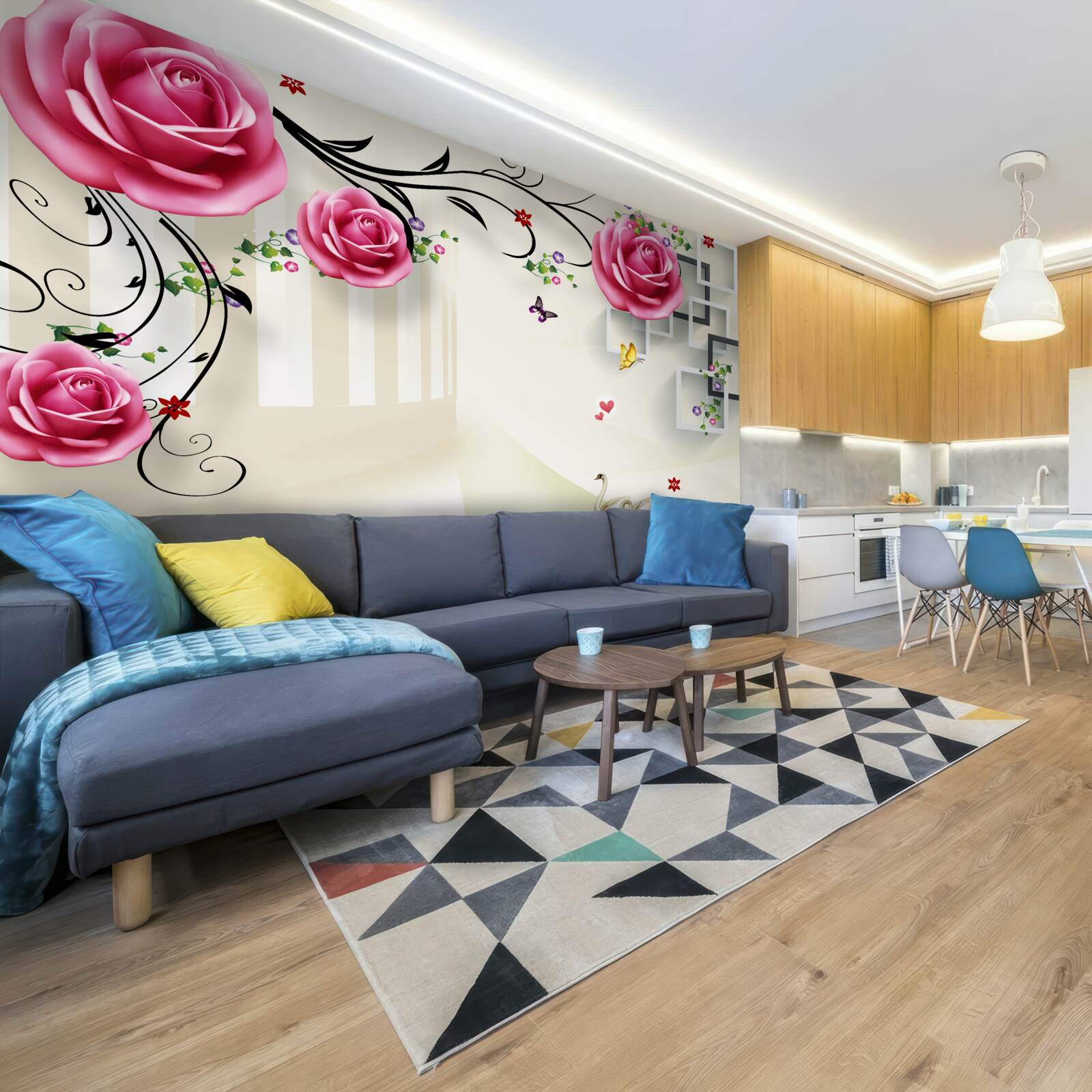 Fototapeta strieborné konáre s ružovými ružami