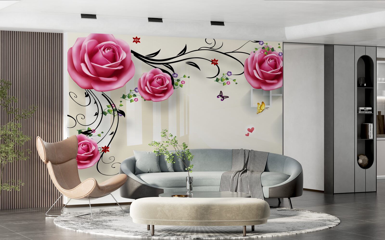 Fototapeta strieborné konáre s ružovými ružami