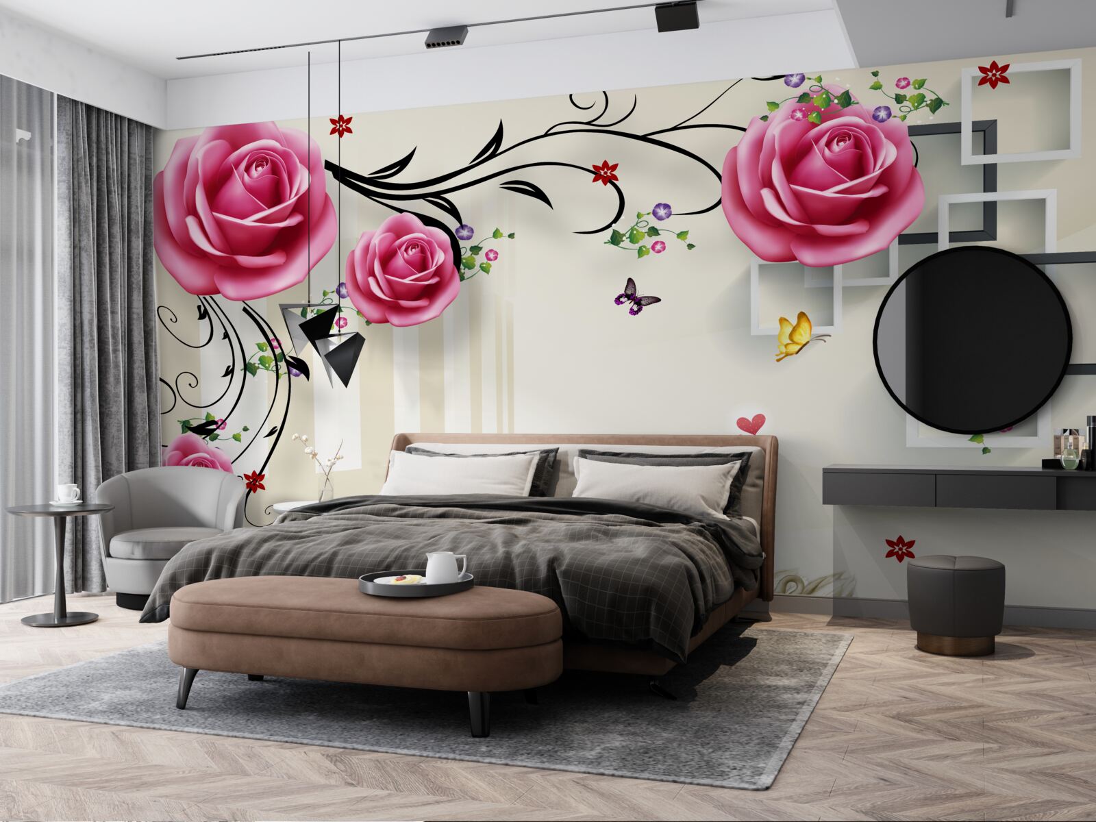 Fototapeta strieborné konáre s ružovými ružami