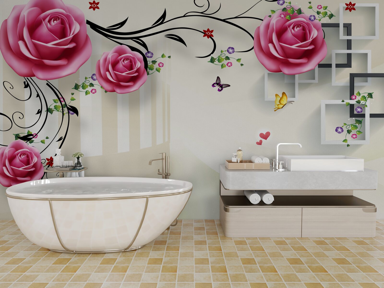 Fototapeta strieborné konáre s ružovými ružami