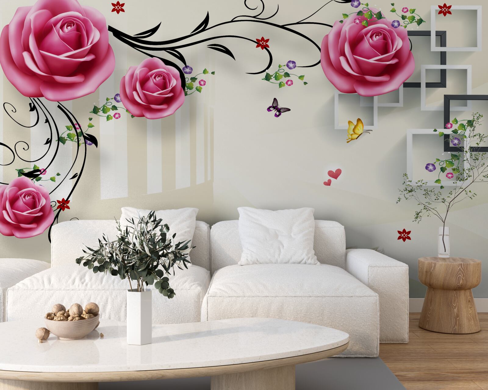 Fototapeta strieborné konáre s ružovými ružami