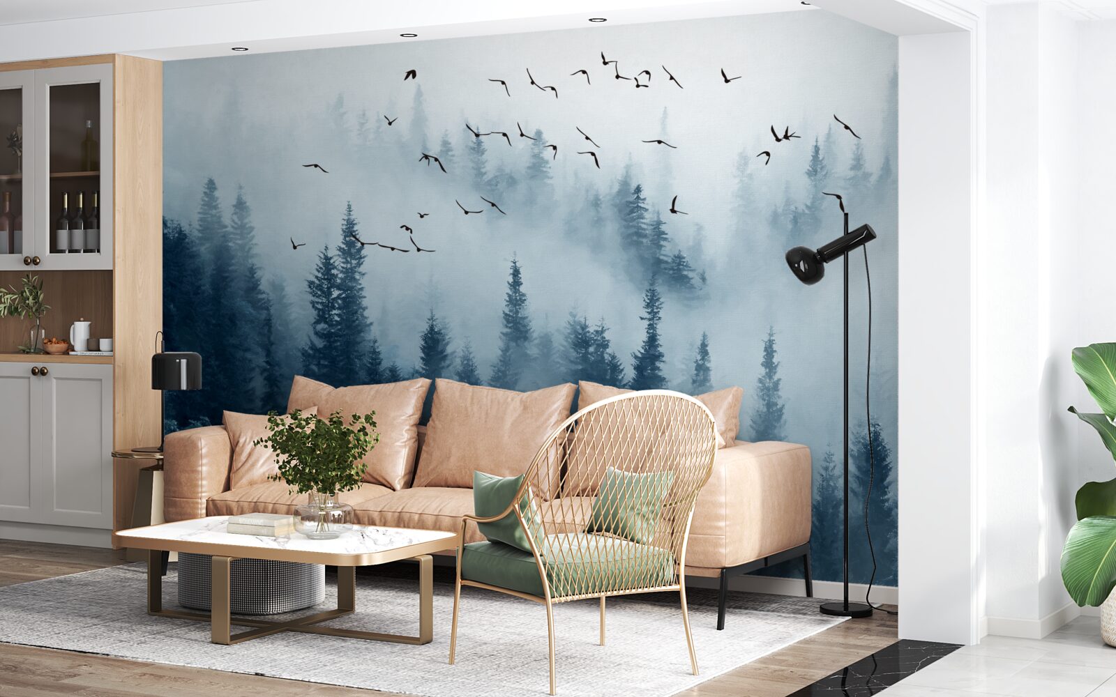 Fototapeta kŕdeľ vtákov prelietava nad lesom zahaleným v hmle