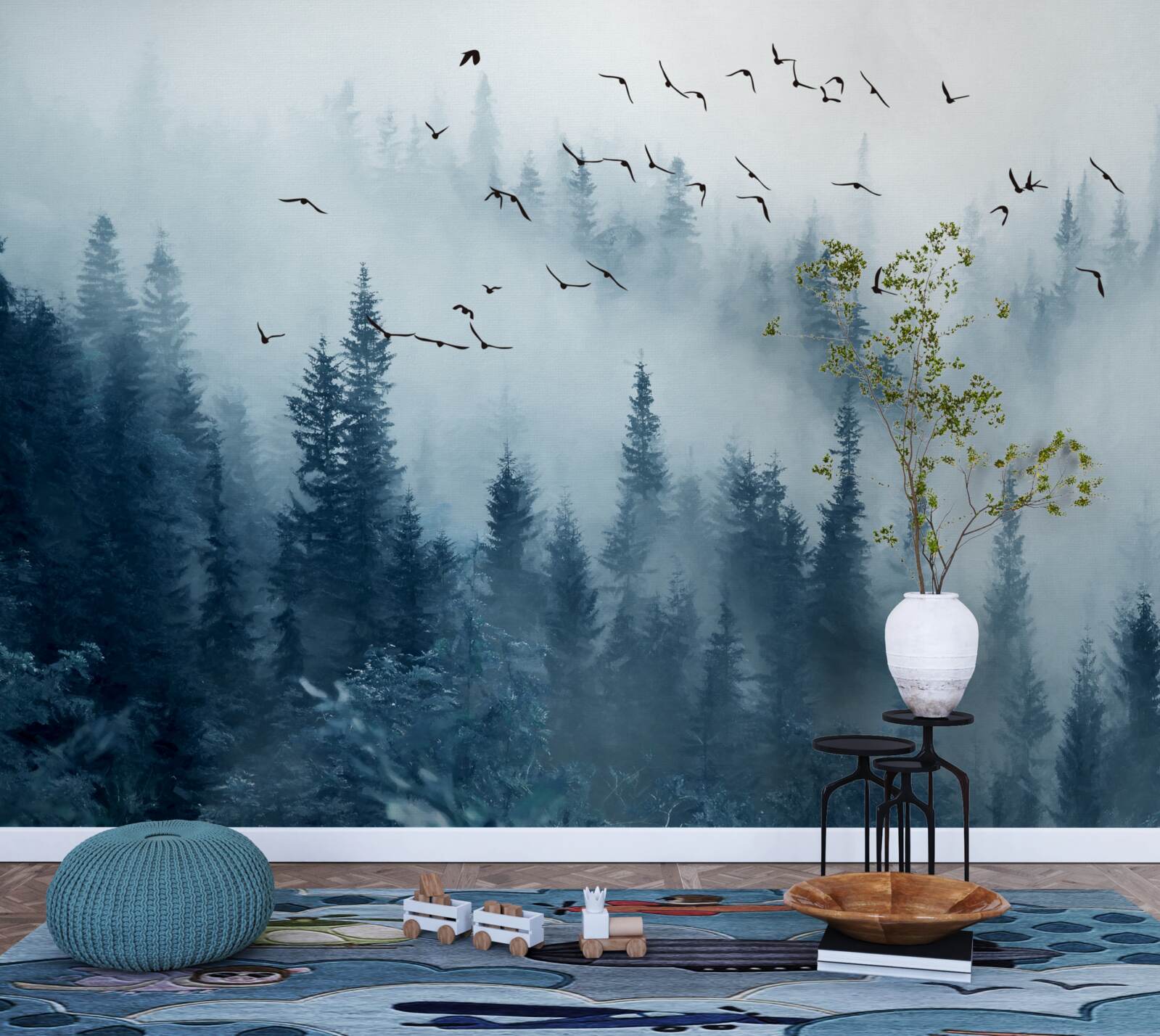 Fototapeta kŕdeľ vtákov prelietava nad lesom zahaleným v hmle