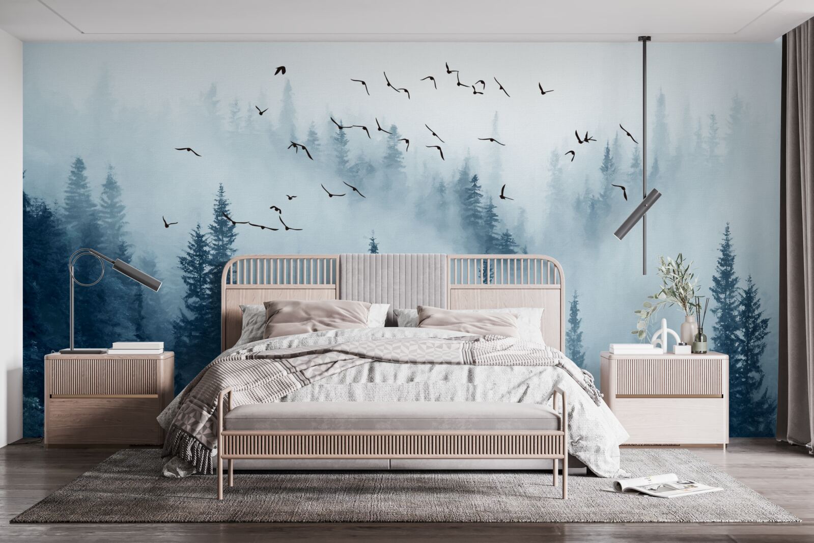 Fototapeta kŕdeľ vtákov prelietava nad lesom zahaleným v hmle