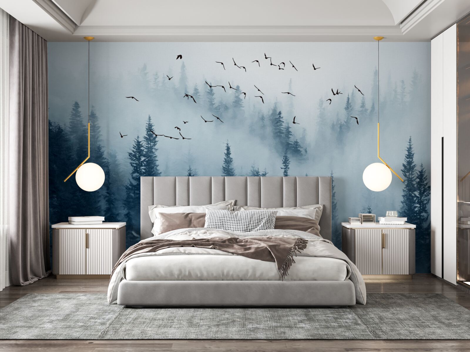 Fototapeta kŕdeľ vtákov prelietava nad lesom zahaleným v hmle