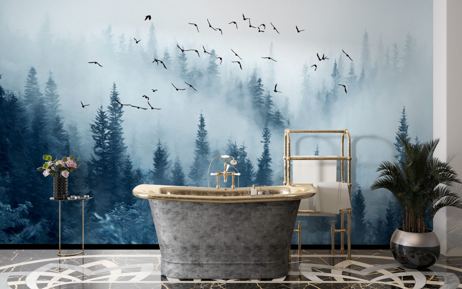 Fototapeta kŕdeľ vtákov prelietava nad lesom zahaleným v hmle