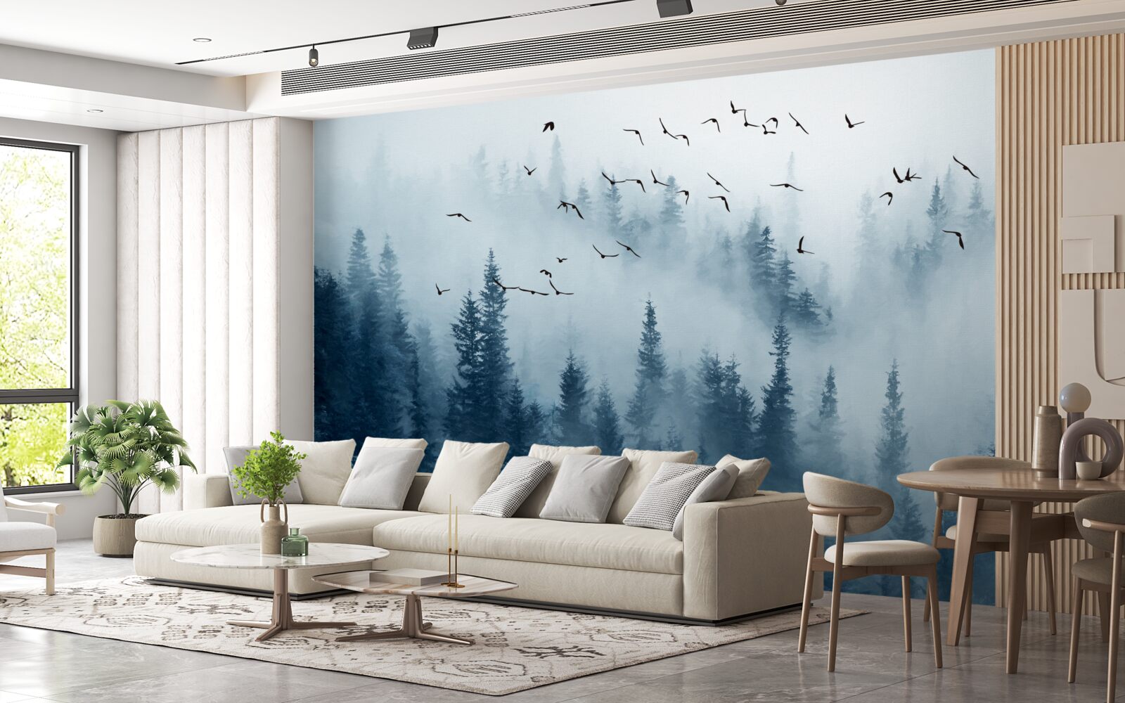 Fototapeta kŕdeľ vtákov prelietava nad lesom zahaleným v hmle