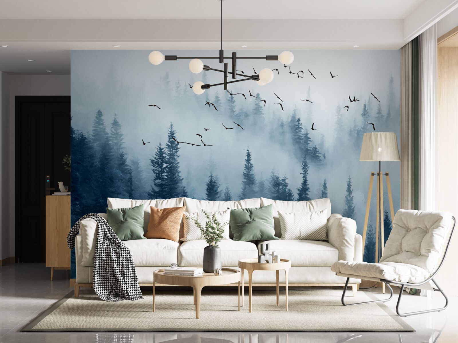 Fototapeta kŕdeľ vtákov prelietava nad lesom zahaleným v hmle