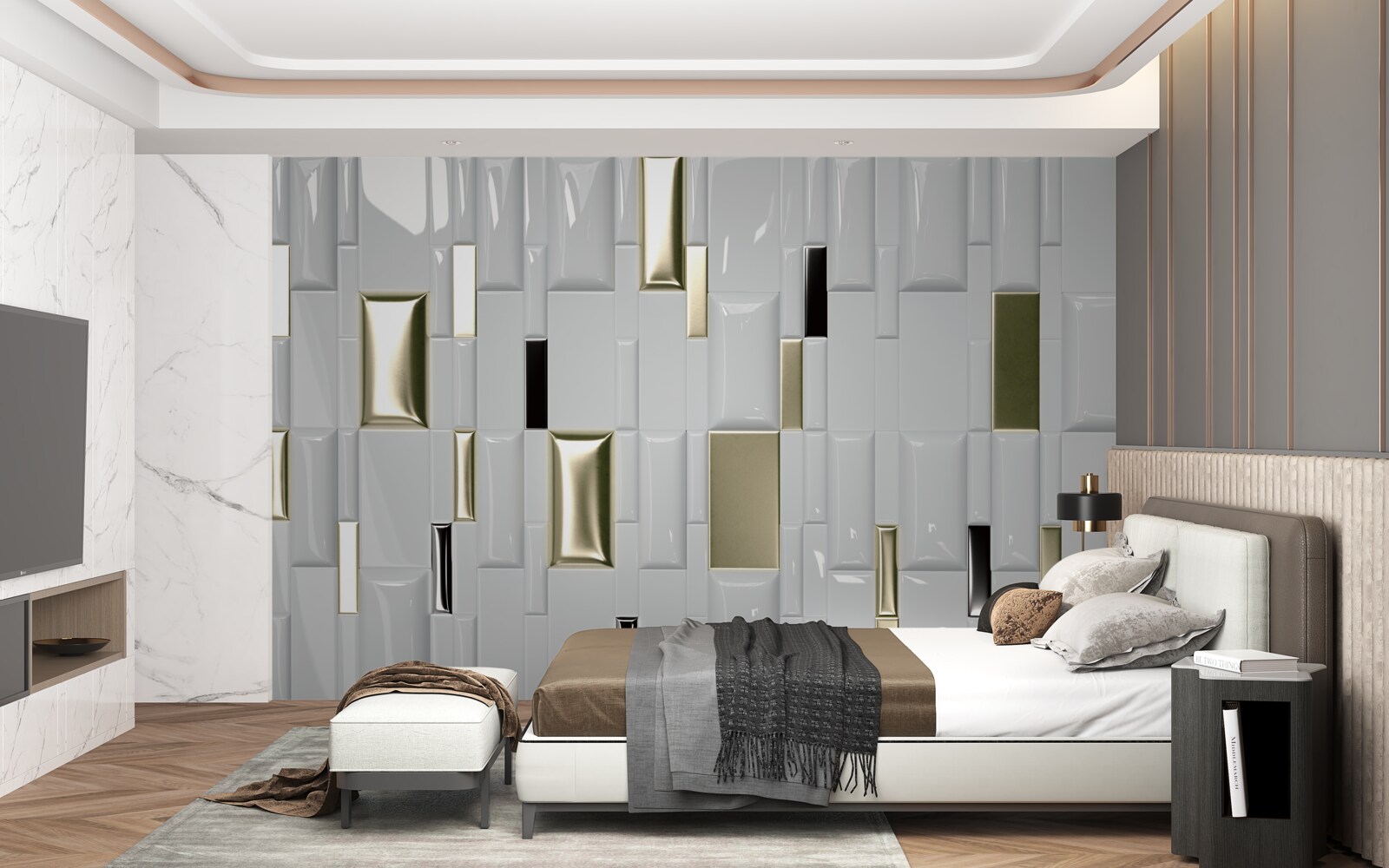 Fototapeta dlaždice s lesklým povrchom a zlatými prvkami