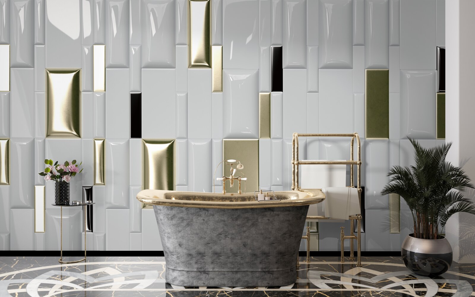 Fototapeta dlaždice s lesklým povrchom a zlatými prvkami