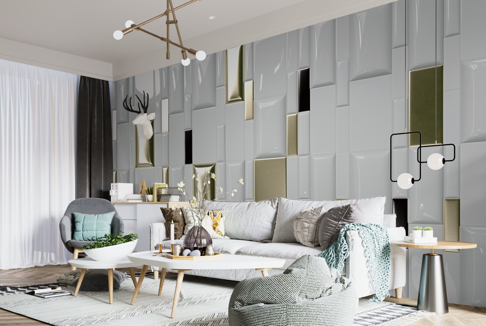 Fototapeta dlaždice s lesklým povrchom a zlatými prvkami