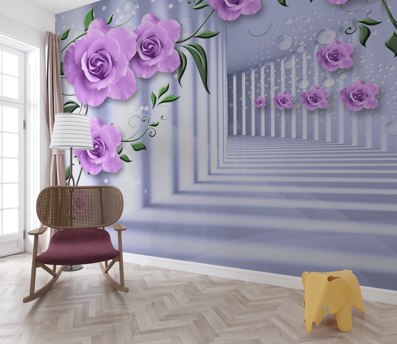 Fototapeta ružové lila konáre a snehobiela chodba