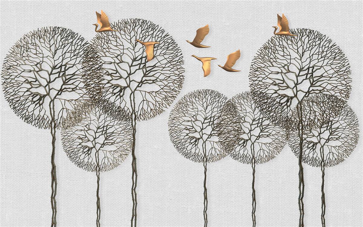 Fototapeta nezvyčajné guľovité stromové útvary a pozlátené vtáky