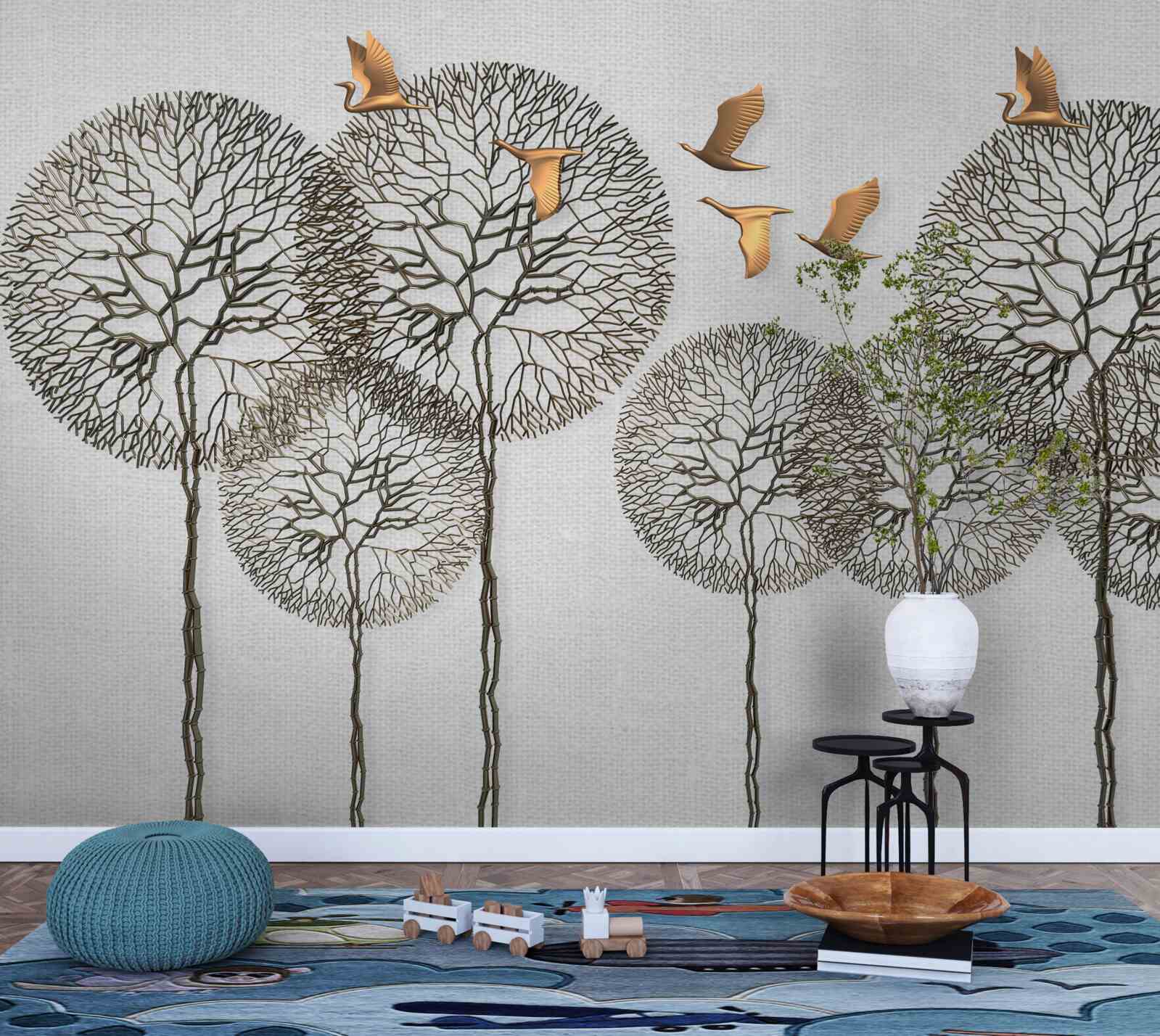 Fototapeta nezvyčajné guľovité stromové útvary a pozlátené vtáky