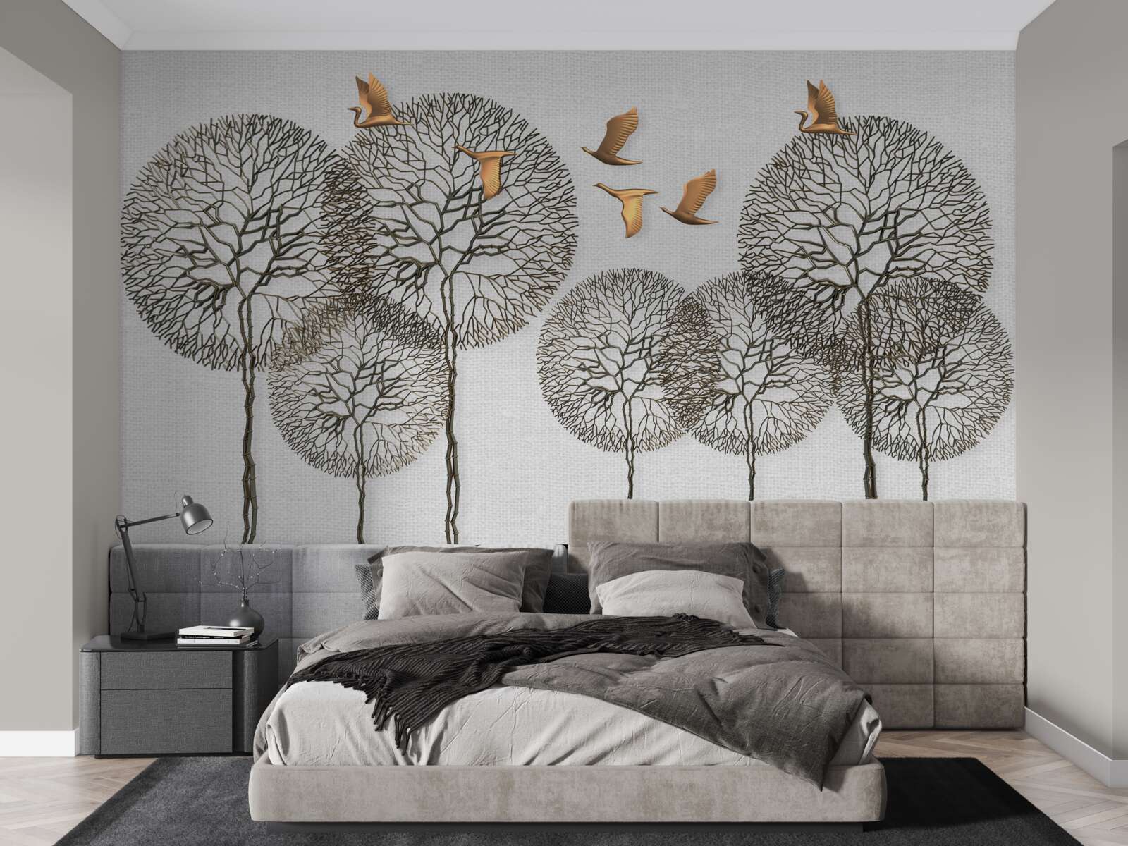 Fototapeta nezvyčajné guľovité stromové útvary a pozlátené vtáky