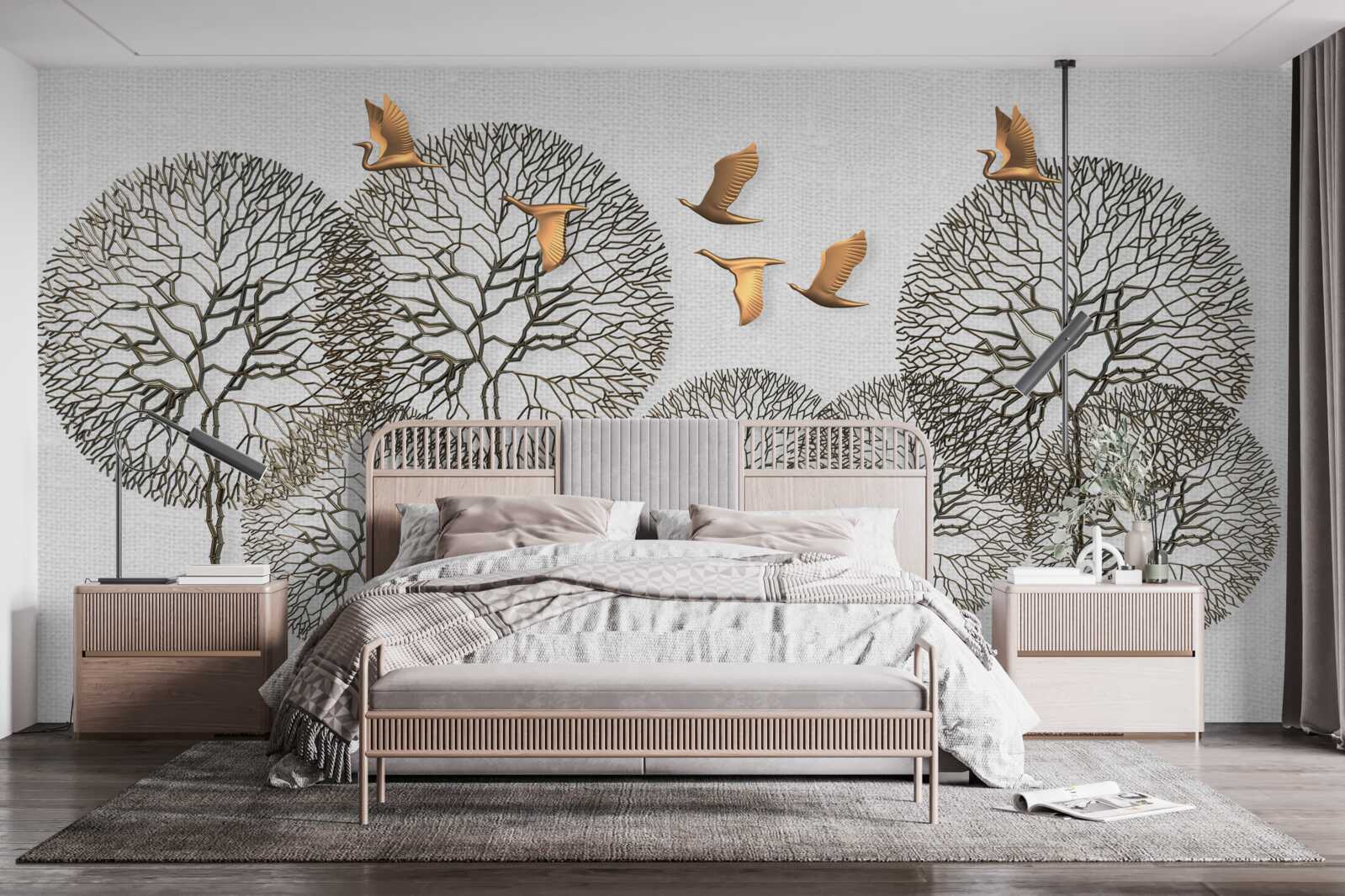 Fototapeta nezvyčajné guľovité stromové útvary a pozlátené vtáky