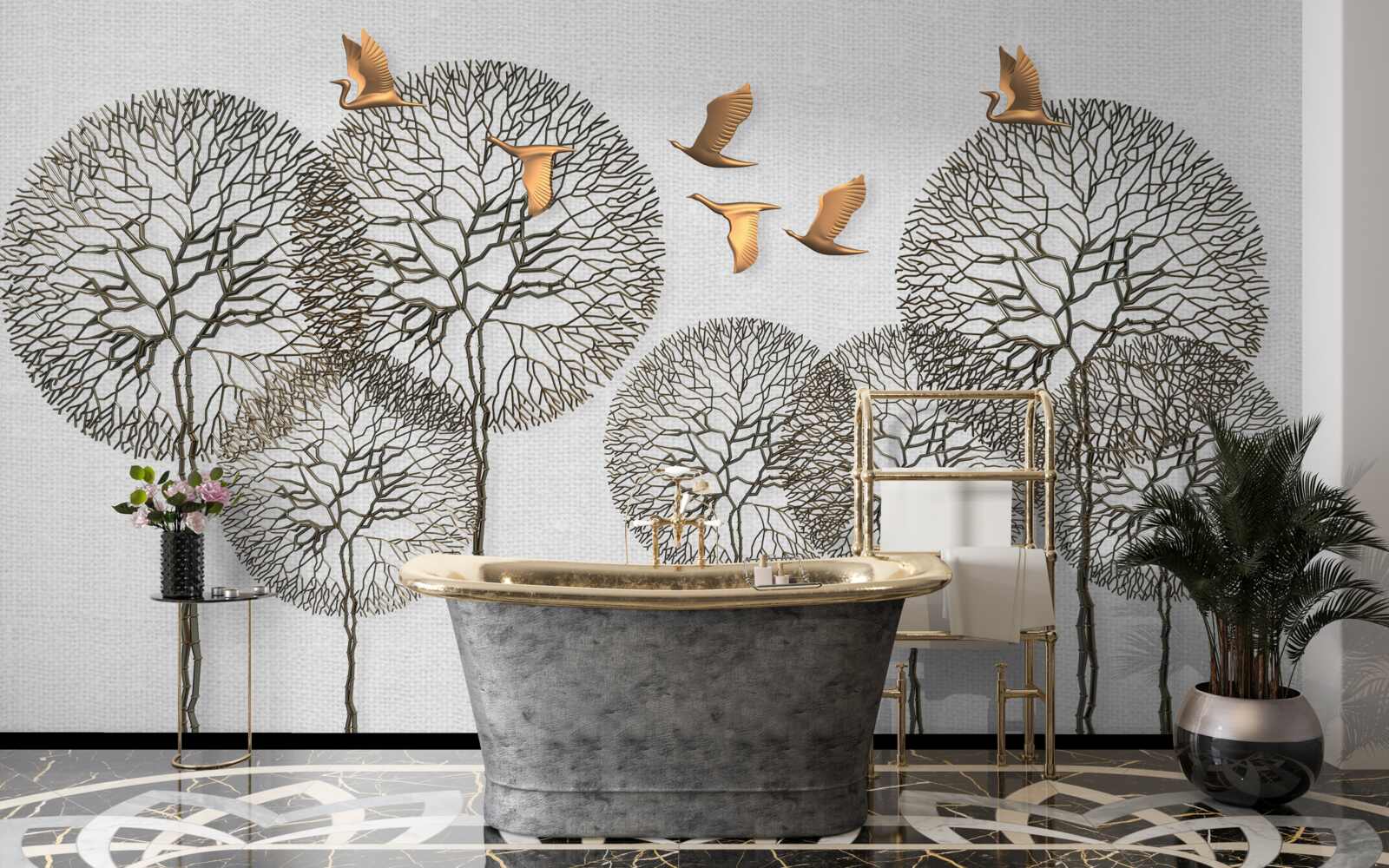 Fototapeta nezvyčajné guľovité stromové útvary a pozlátené vtáky