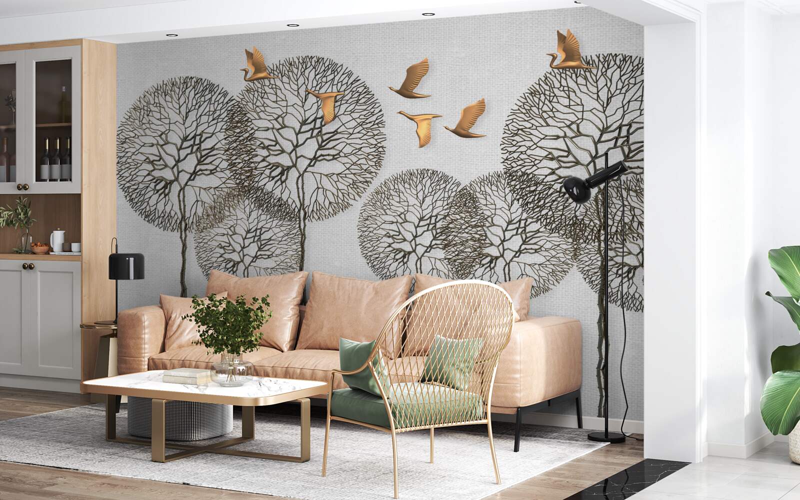 Fototapeta nezvyčajné guľovité stromové útvary a pozlátené vtáky