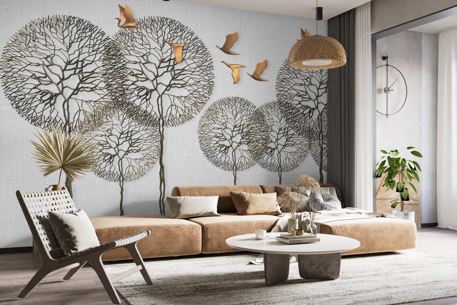 Fototapeta nezvyčajné guľovité stromové útvary a pozlátené vtáky