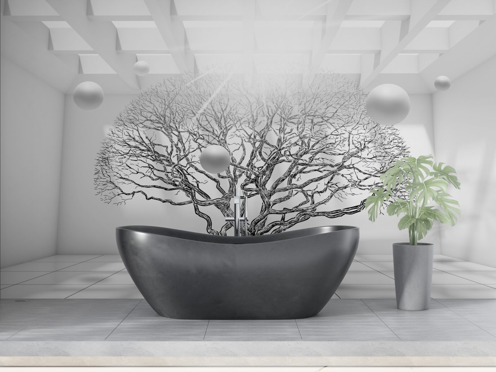 Fototapeta bezlistý strom v strede svetlého priestoru