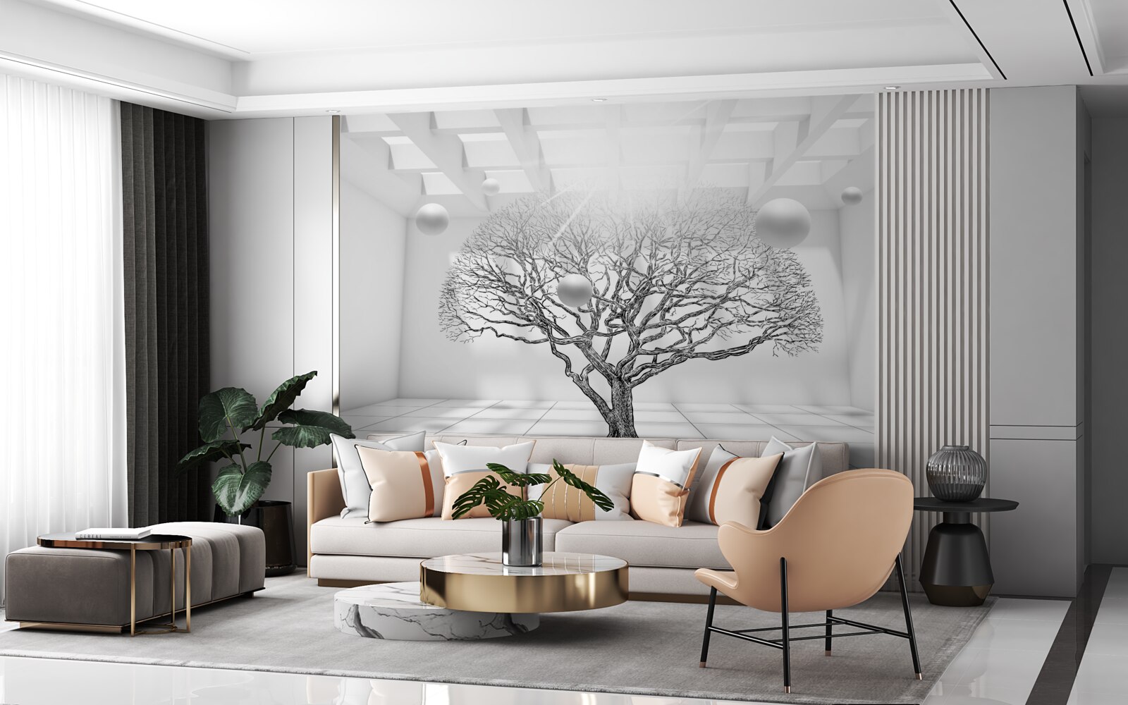 Fototapeta bezlistý strom v strede svetlého priestoru