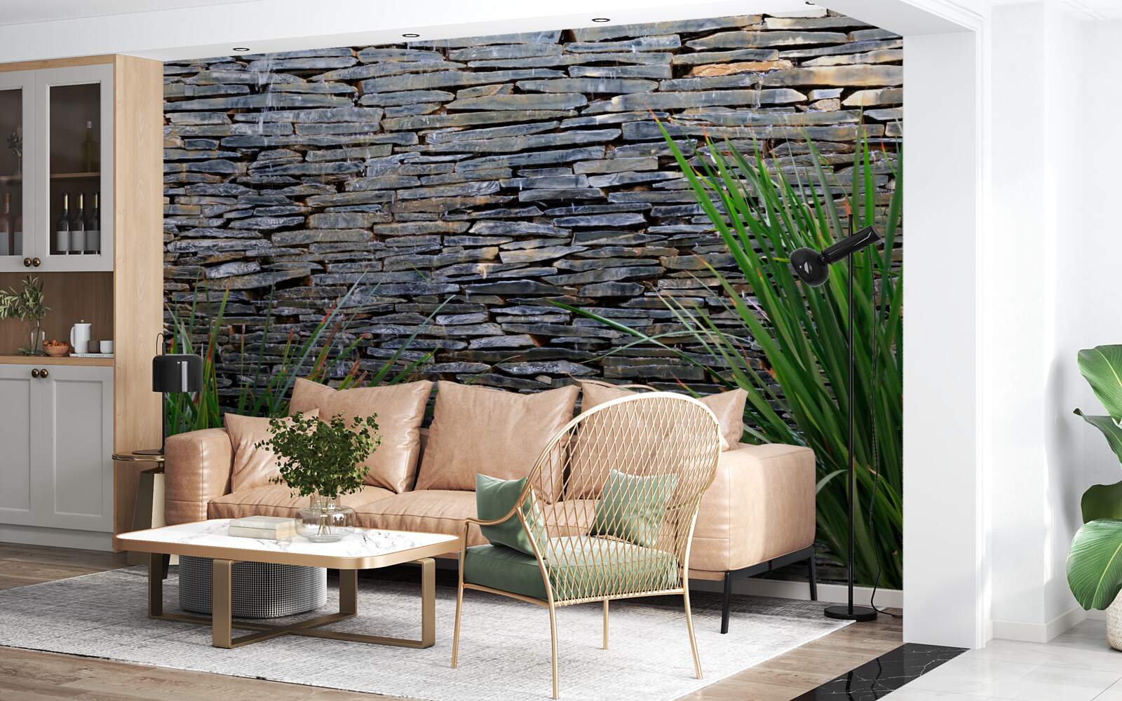 Fototapeta zelená vegetácia a kamenná stena