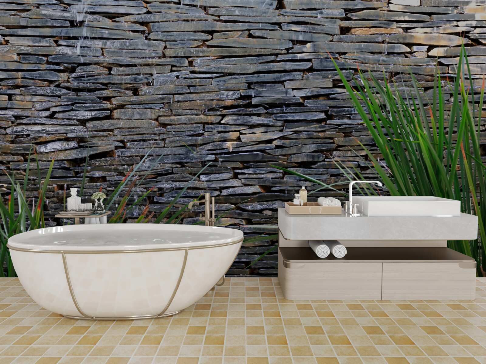 Fototapeta zelená vegetácia a kamenná stena