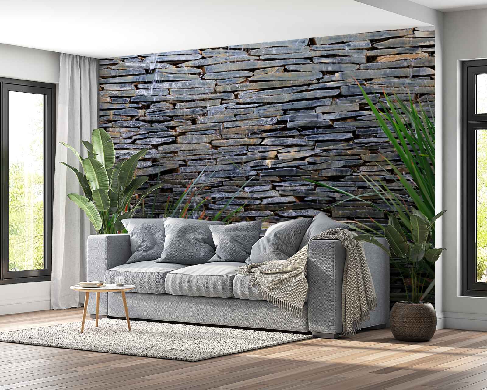 Fototapeta zelená vegetácia a kamenná stena