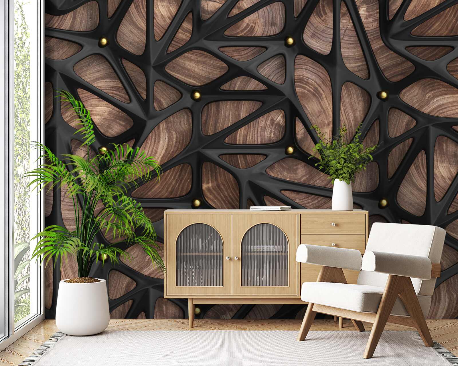 Fototapeta drevený podklad je zdobený čiernym vzorom