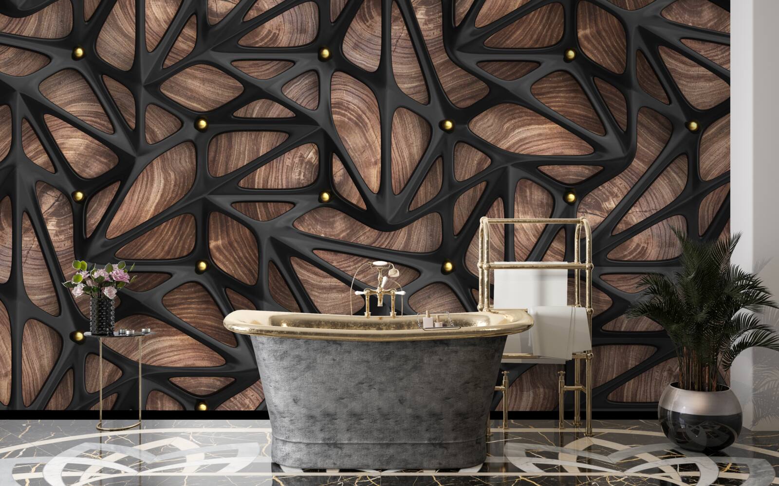 Fototapeta drevený podklad je zdobený čiernym vzorom