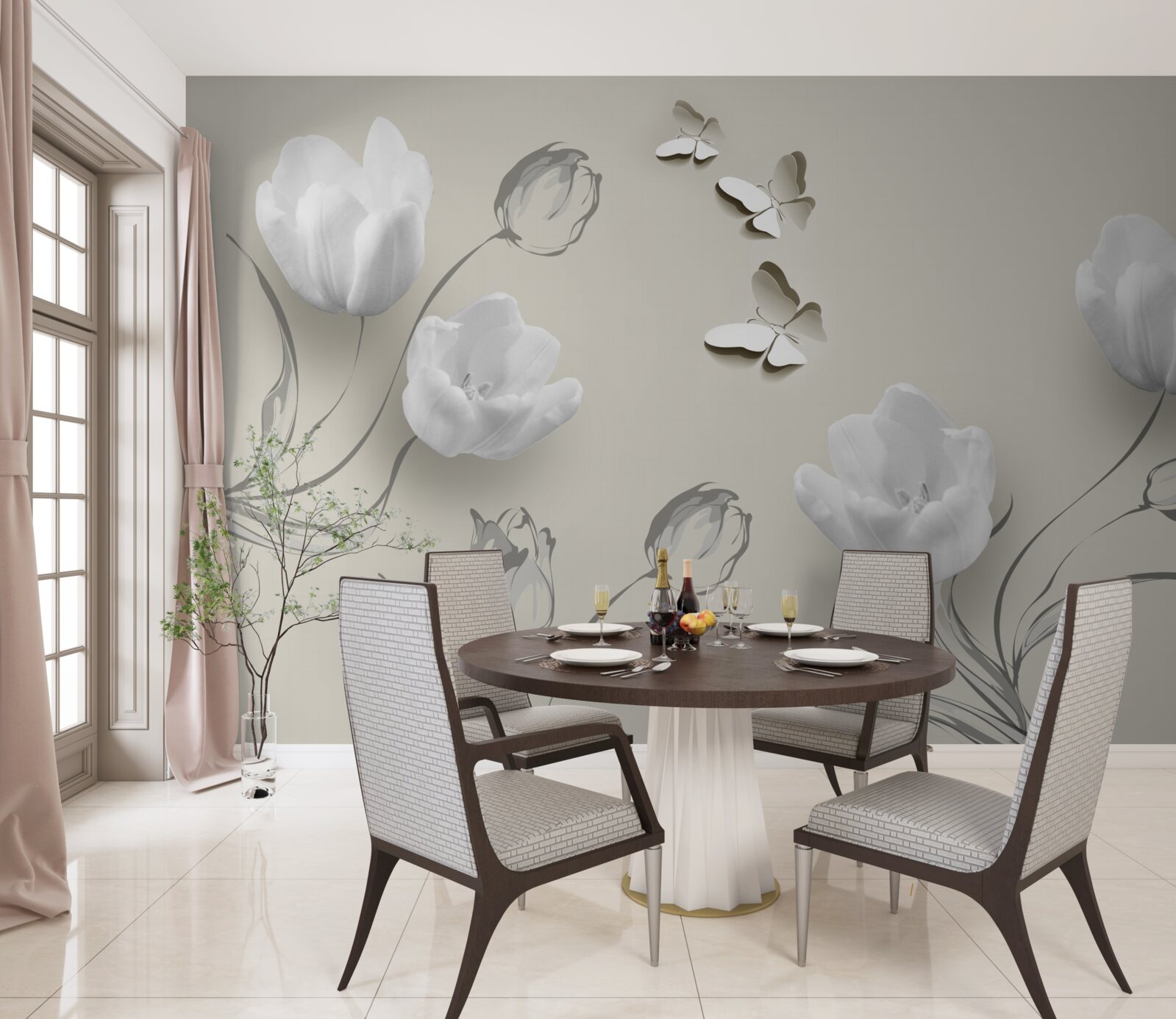 Fototapeta v blízkosti sú čisté strieborné tulipány a motýle