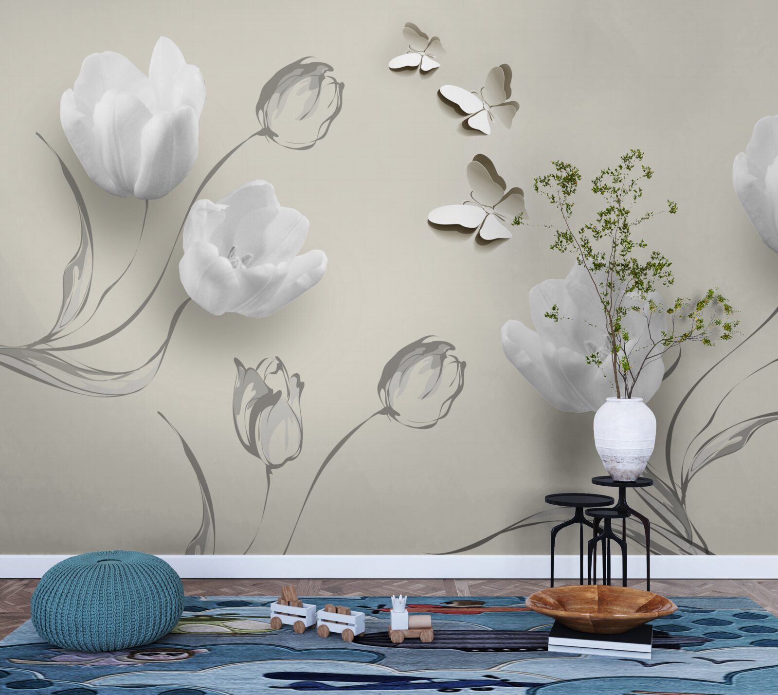 Fototapeta v blízkosti sú čisté strieborné tulipány a motýle