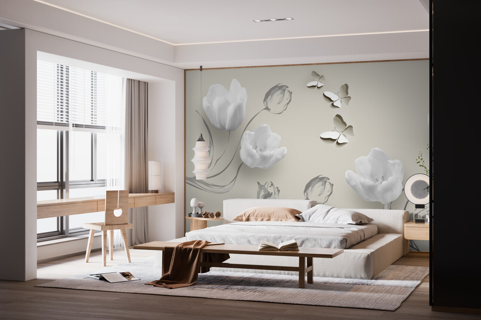 Fototapeta v blízkosti sú čisté strieborné tulipány a motýle