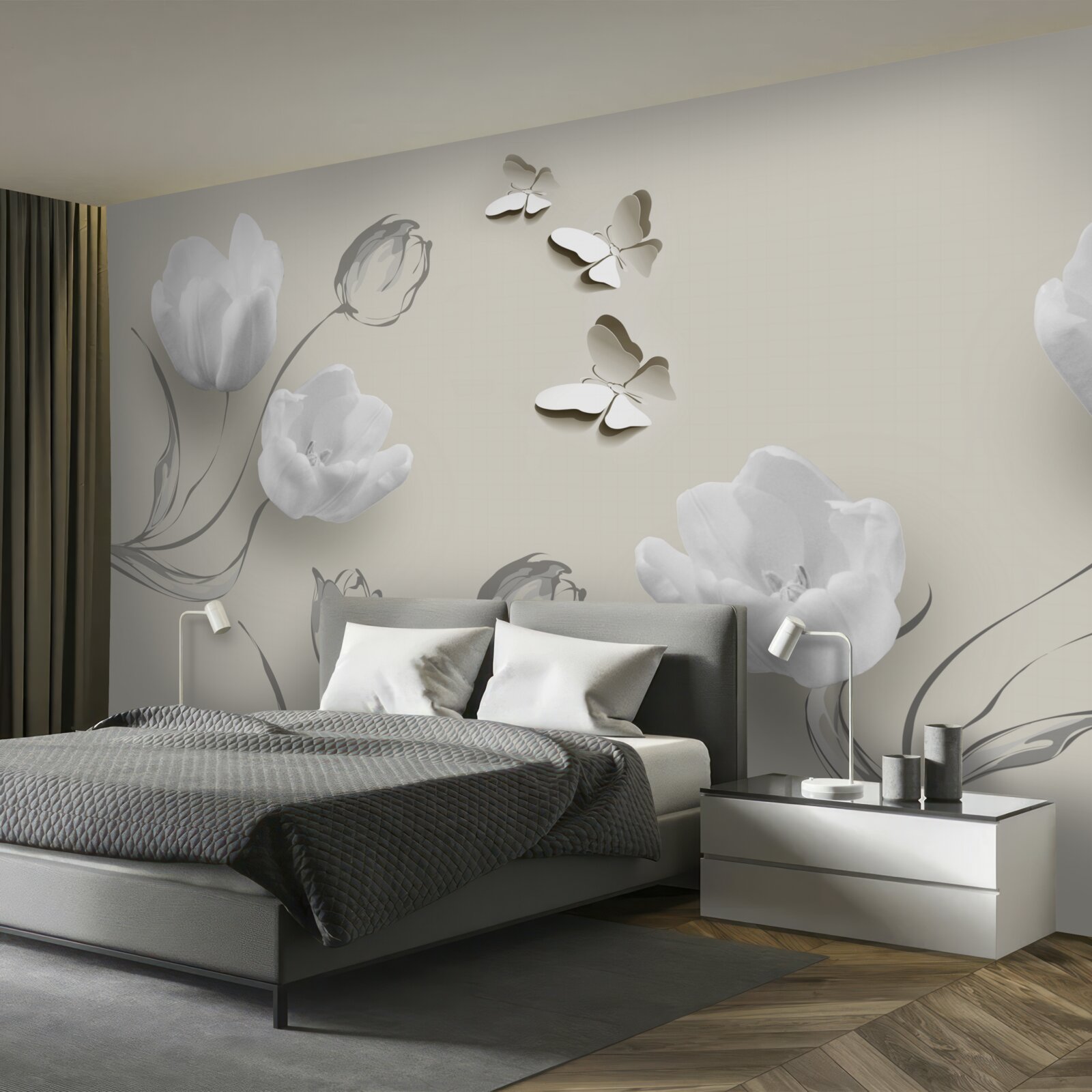 Fototapeta v blízkosti sú čisté strieborné tulipány a motýle