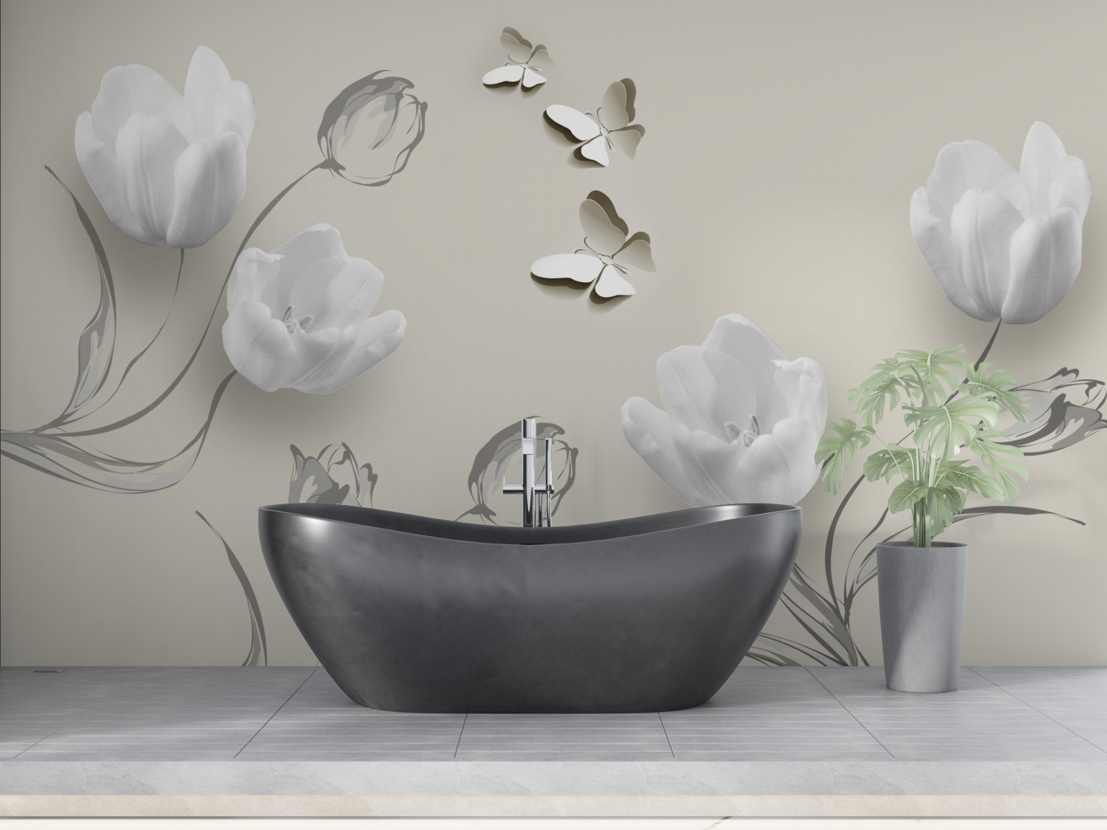 Fototapeta v blízkosti sú čisté strieborné tulipány a motýle